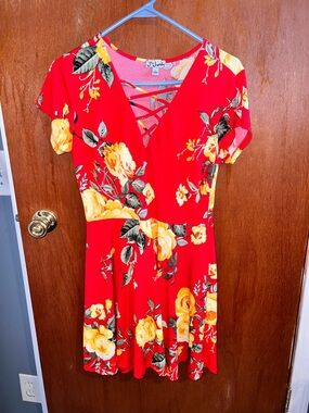 J for Justify Red Floral Crisscross V-Neck Mini Dress